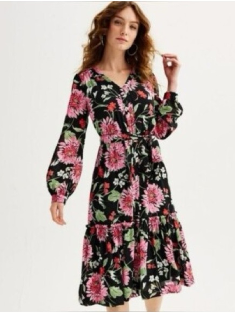 Draper James RSVP Floral V-neck Tie-Waist Midi Dress in Black and Pink